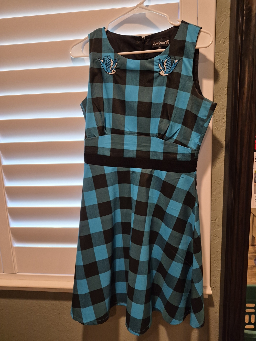 Sourpuss Teal and Black Buffalo Check Fit-and-Flare Dress with Bird Embroidery